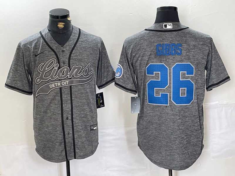 Mens Detroit Lions #26 Jahmyr Gibbs Grey Gridiron With Patch Cool Base Stitched Baseball Jersey